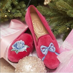 LoveShackFancy x Stubbs & Wootton Rose Bow Slipper – Fuchsia Pink Velvet. EUC